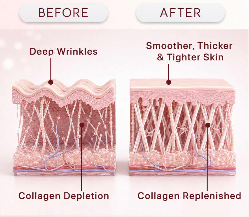 Illustration comparing collagen-depleted and collagen-supported skin layers