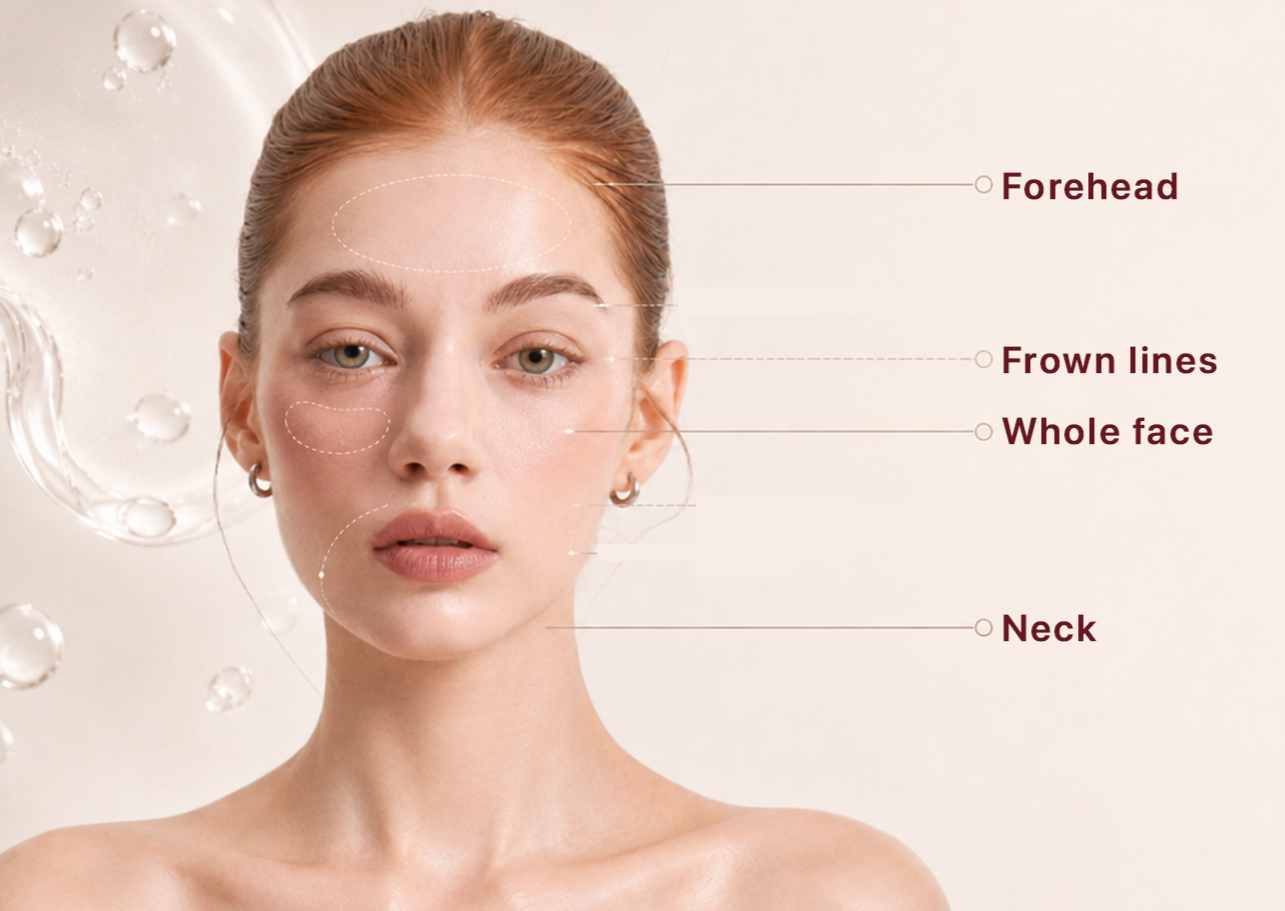 Face and neck illustration with forehead, frown-line, whole-face and neck labels